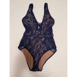 BECCA Virtue Color Play Show & Tell Plunge one piece blue/tan swimsuit